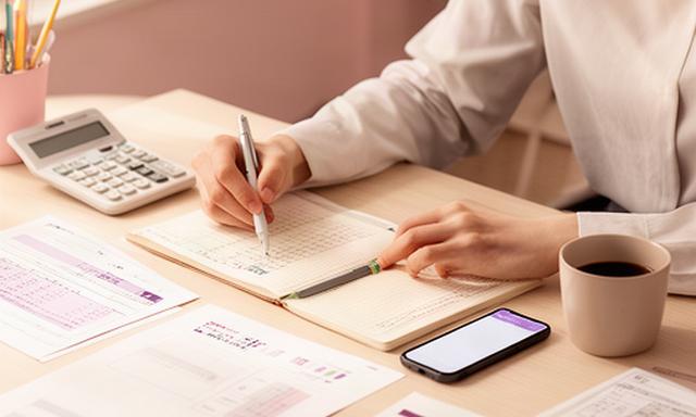一人暮らしの会社員がノートに一か月の予算を書き出している机